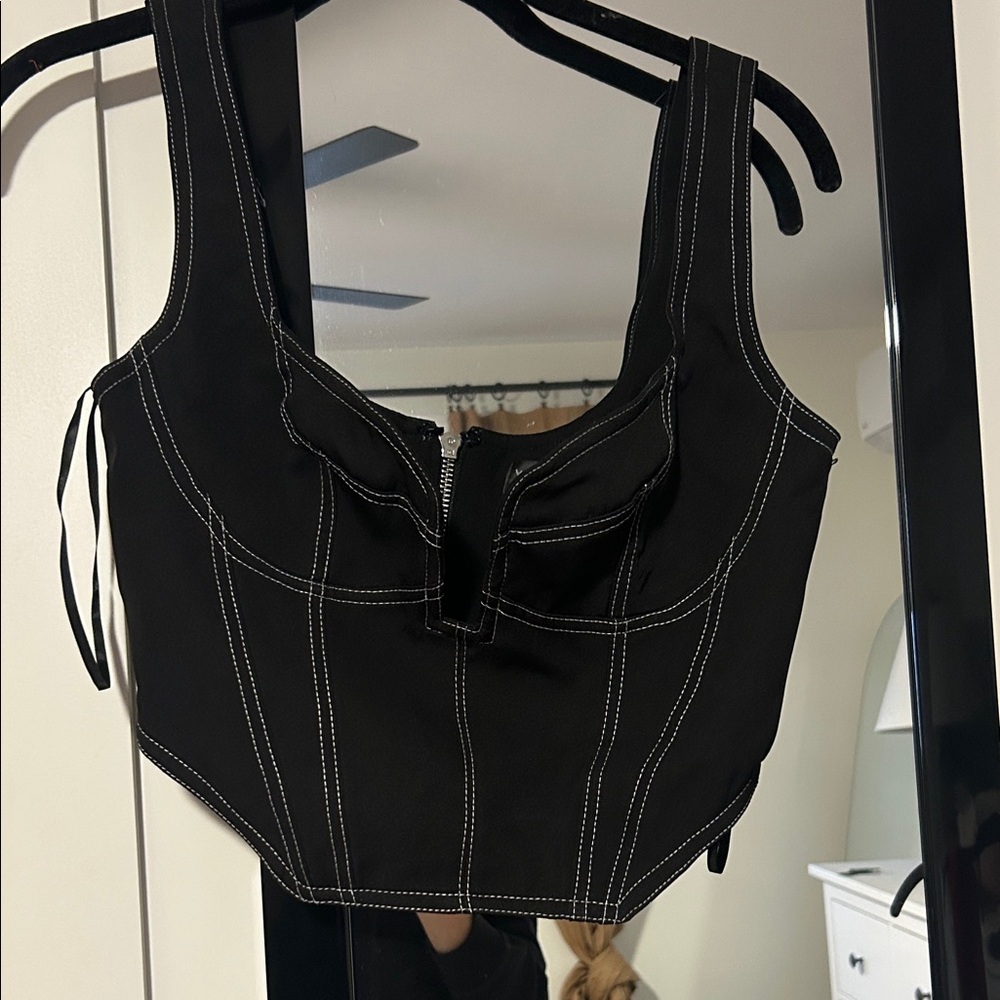 White Fox Boutique Black Crop Top with White Stitching